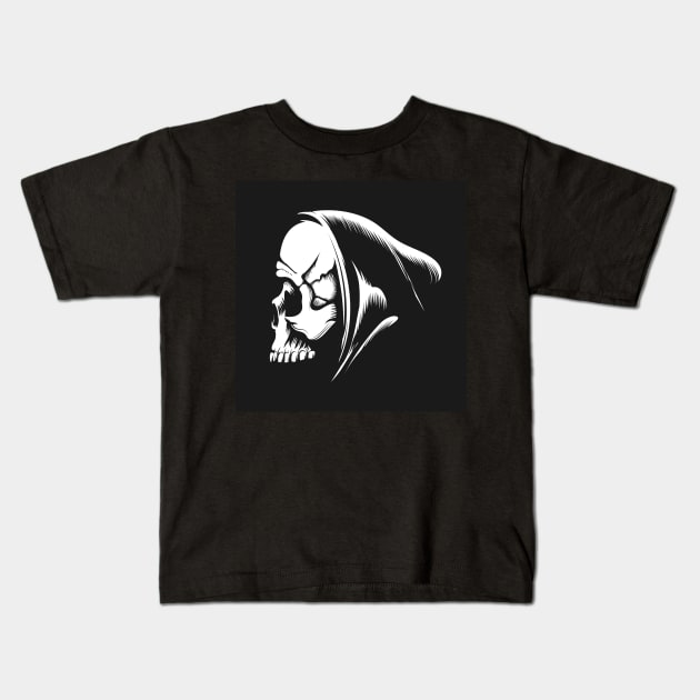 Skull in a Hood Emblem isolated on Black Kids T-Shirt by devaleta